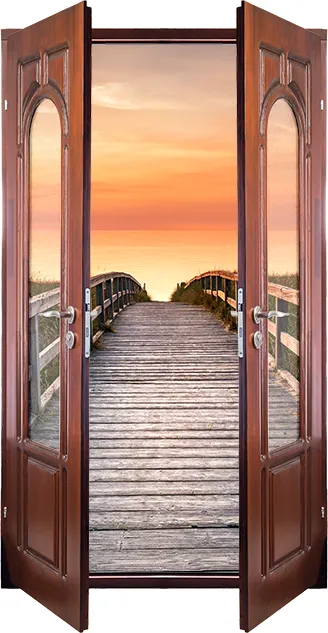 Double doors opening to a serene beach walkway, symbolizing entering addiction or mental health recovery.